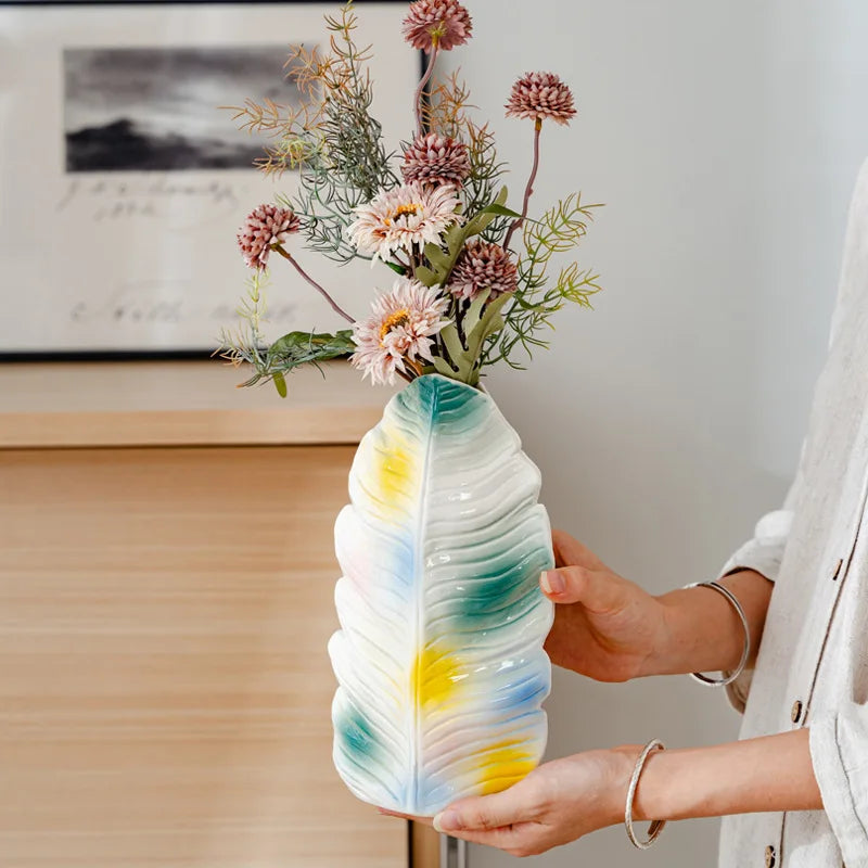Norév Modern Ceramic Vase with Banana Leaf Pattern Colorful Abstract Glaze