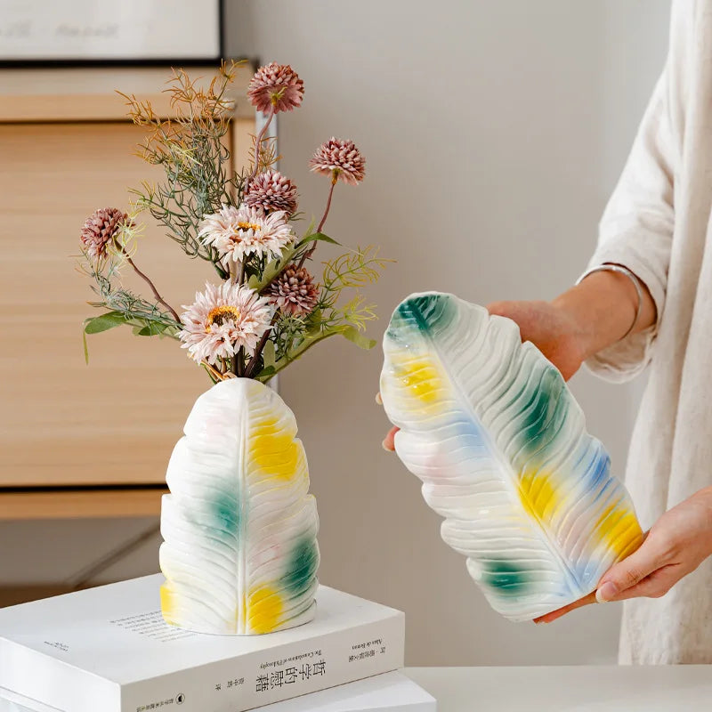 Norév Modern Ceramic Vase with Banana Leaf Pattern Colorful Abstract Glaze