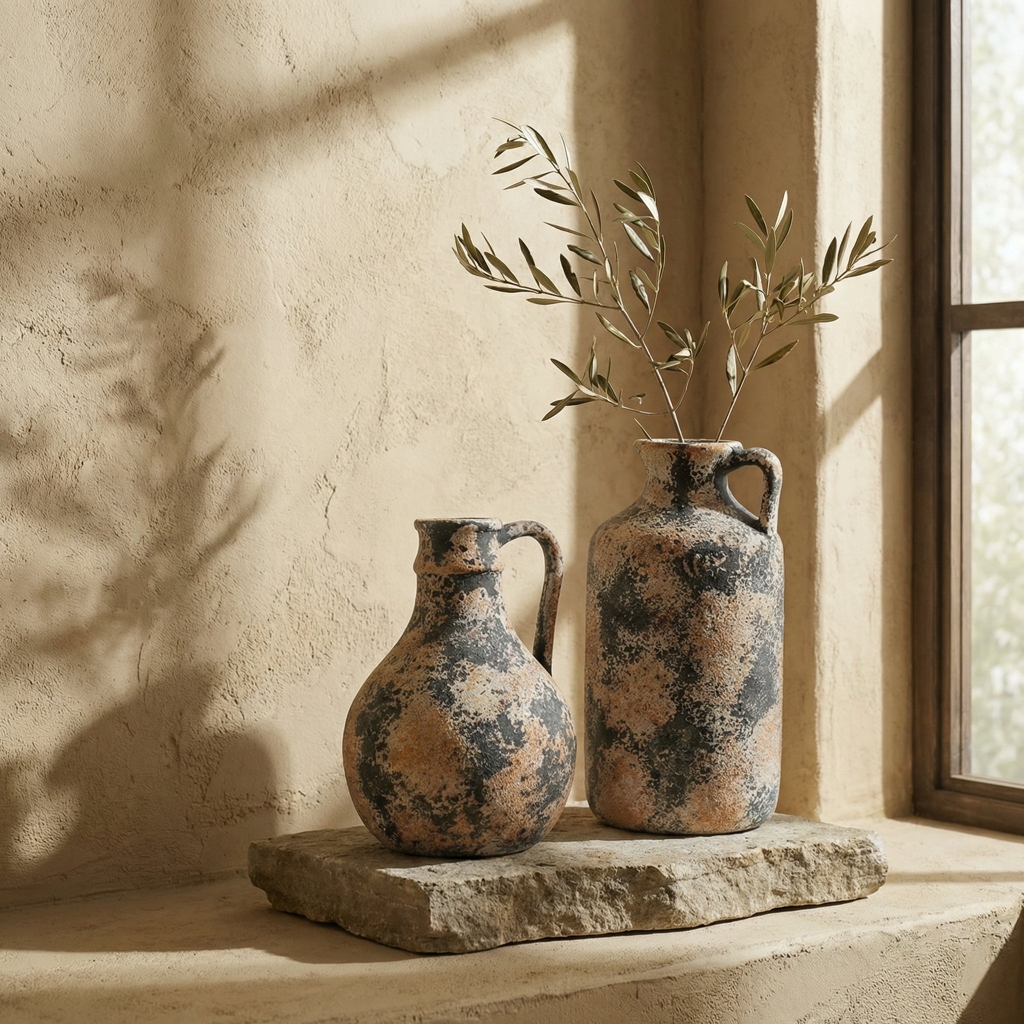 Distressed Stoneware Tabletop Vase with Handle