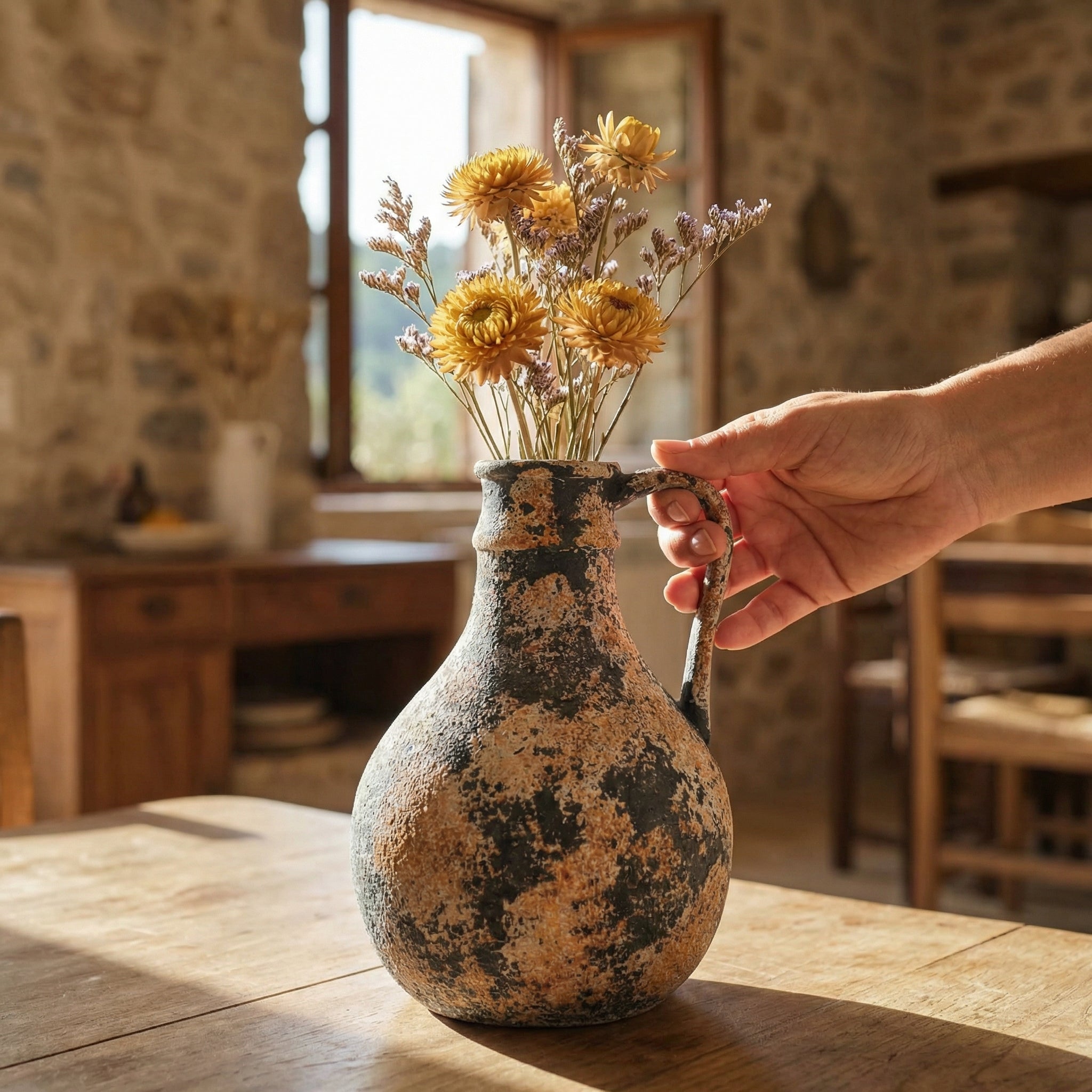 Distressed Stoneware Tabletop Vase with Handle