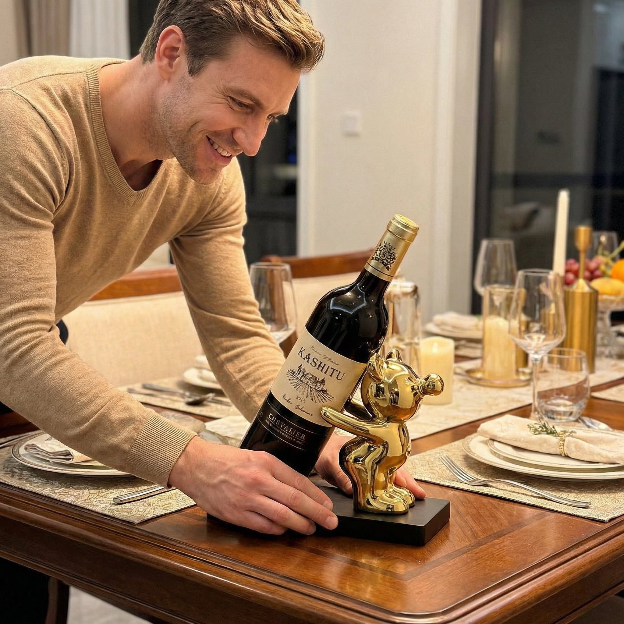 Sculptural Bear Wine Bottle Holder with Metallic Finish